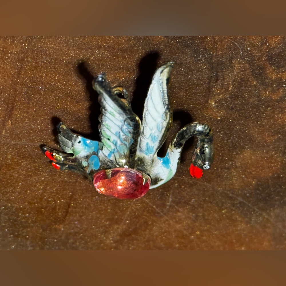 Unique Multicolor Swan‎ Brooch with Red Gem vintage